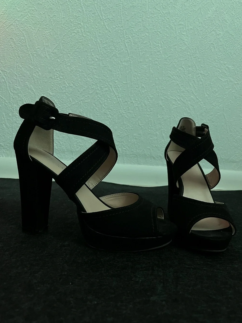 Black Suede Crisscross Platform Block Heel Sandals